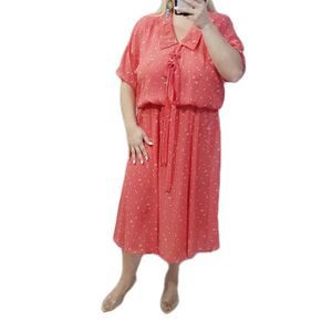 Raoul Vintage red  white dotted stripes short sleeve  midi dress collar tie med